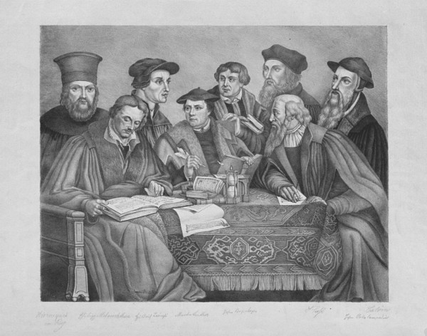 종교개혁의 주역들 (앞줄 오른쪽부터 존 칼빈, 얀 후스, 마르틴 루터, 필립 멜란히톤)